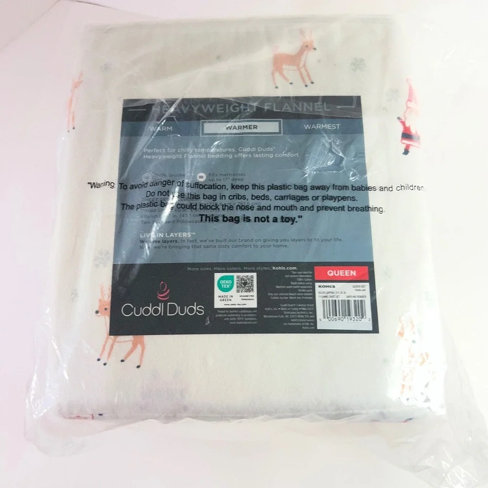 Cuddl Duds Heavyweight Flannel Queen Sheet Set BrushedCotton‎ Santa Reindeer NIP